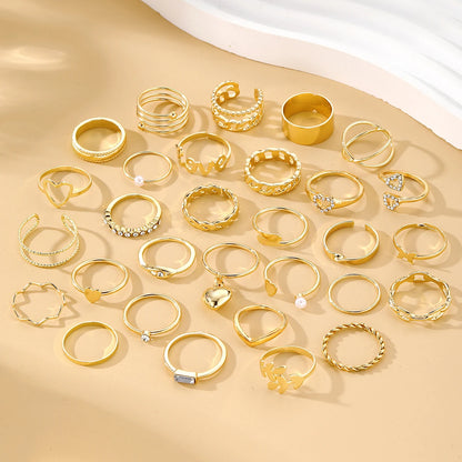 30PCS/Set Trendy Gold Love Heart Leaf Pearl Ring Set for Women Jewelry Punk Diamond Crystal Rhinestone Stackable Rings