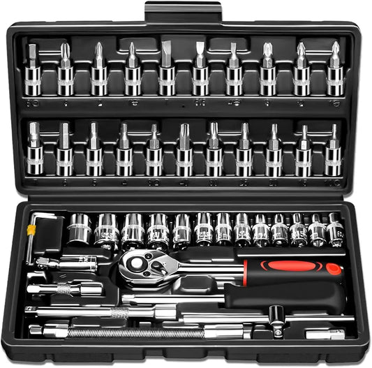 46-Pieces 1/4 Inch Drive Socket Ratchet Wrench Set Metric Bit Socket Extension Bar Hand Tools Case Pack Auto Repair Garden Use