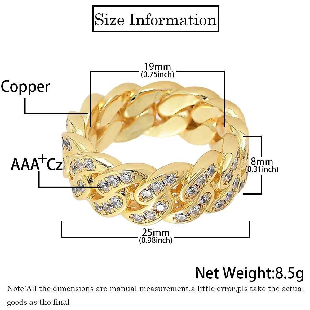 Fashionable 8mm Hip Hop Zircon Cuban Link Chain Ring Copper Micro Inlaid Cz Jewelry Steel Ring