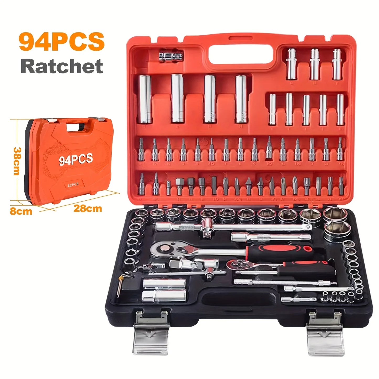 94pcs Auto Repair Socket Set Multi-functional Combination Auto Ratchet Wrench with Bit Home Hand Tools Packaged in Hard Case Box