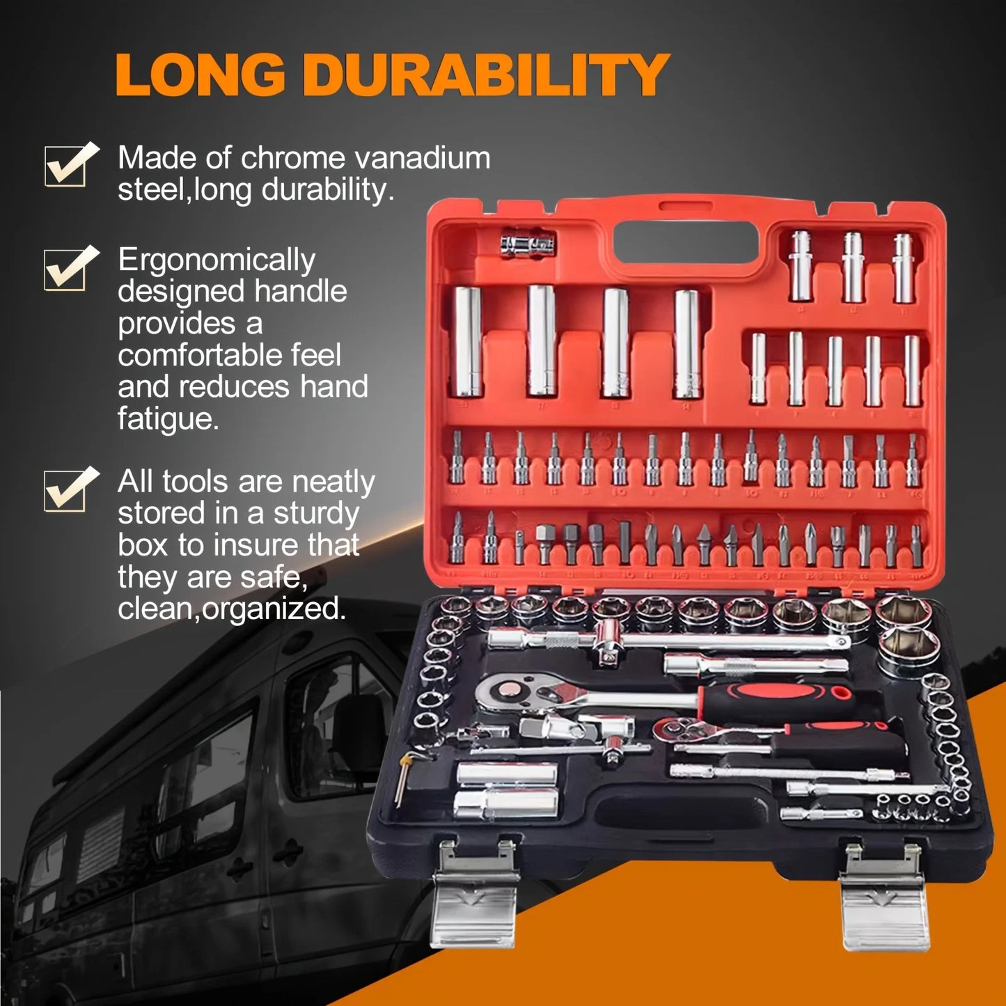 94pcs Auto Repair Socket Set Multi-functional Combination Auto Ratchet Wrench with Bit Home Hand Tools Packaged in Hard Case Box