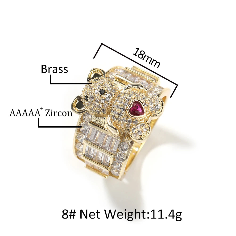 Cute Design Teddy Bear Ring Adjustable Rings Baguette CZ Women Man Rings Colorful Zircon Gift Party Jewelry