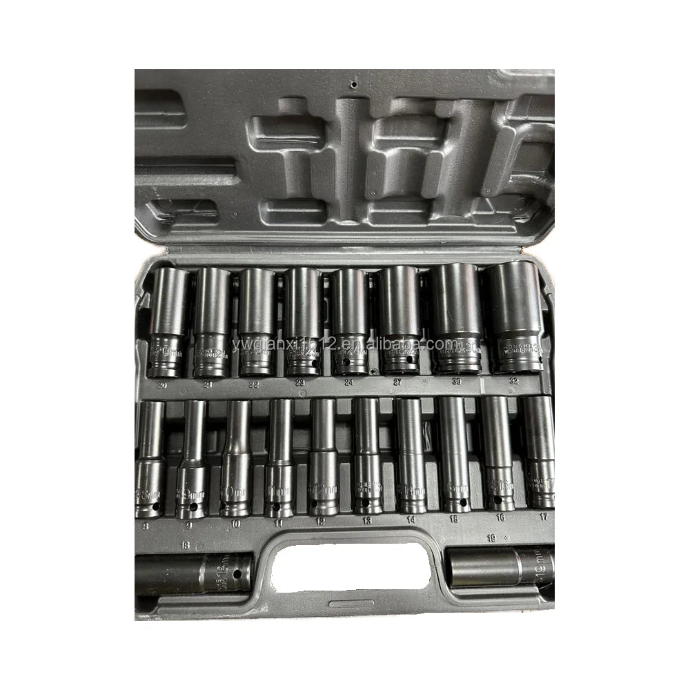 20 Pcs Drive OEM Cr-V Steel Metric Deep Impact Socket Set Lengthened Pneumatic Hexagonal Sleeve Combination for Repair Use