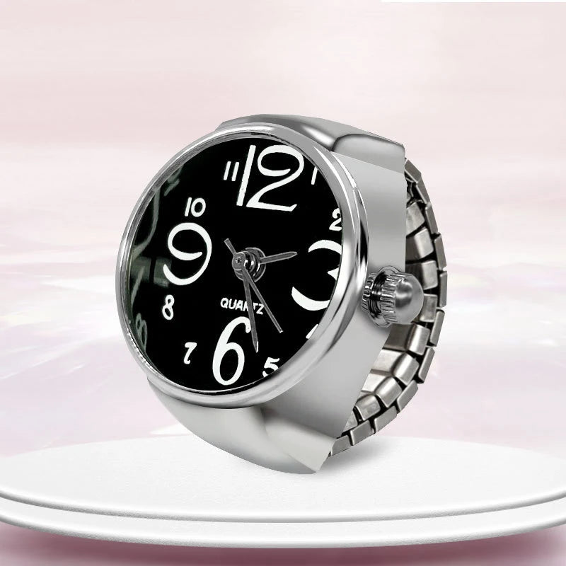 Retro Hiphop Finger Ring Watch Elastic Watchband Dial Quartz Y2K Silver Mini Ring Watch Men Women