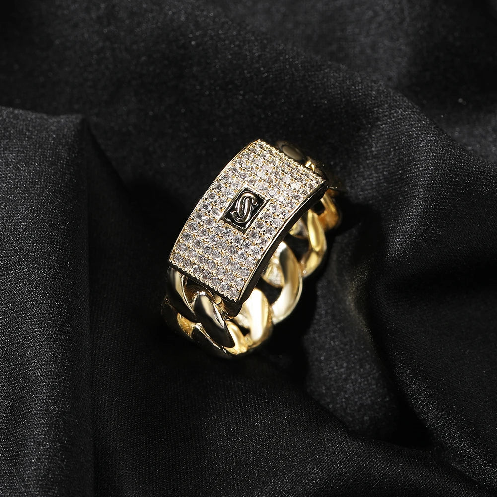 Factory Wholesale Shiny Diamond Cuban Chain Rings Personalized Hip Hop 14k Gold Plated Cute Monaco S Cubic Zirconia Brass Ring