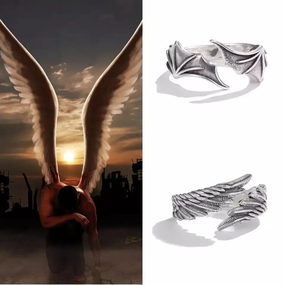 Europe and America Fashion Vintage Punk Men and Women Universal Gothic Angel and Devil Wings Alloy Ring