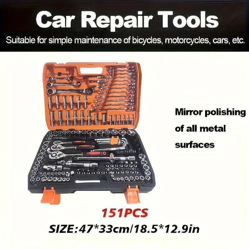151pcs CR-V Hand Tools Car Repair 1/4-Inch Socket Set Ratchet Torque Wrench Combo Auto Repairing Tool Kit Box Packaging Home Use