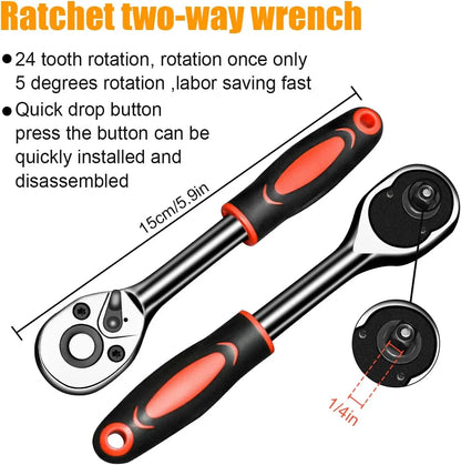 46-Pieces 1/4 Inch Drive Socket Ratchet Wrench Set Metric Bit Socket Extension Bar Hand Tools Case Pack Auto Repair Garden Use