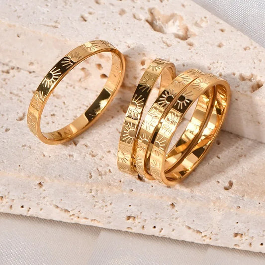 Unique Design Fine Jewelry Sun Engrave Pattern Ring Stainless Steel High Quality 18K Gold Plated Couple Rings for Engagement