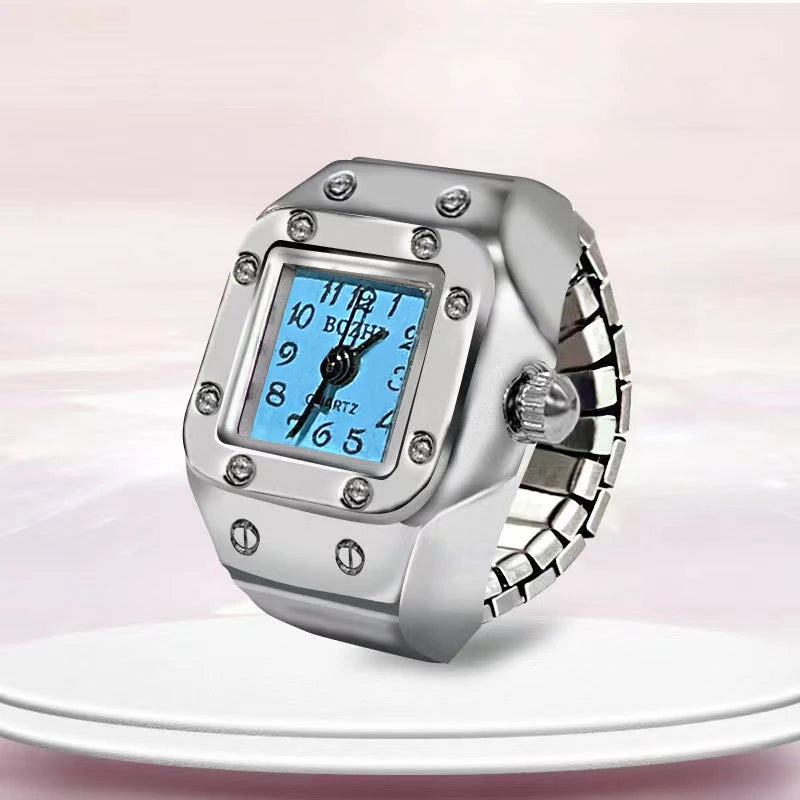 Retro Hiphop Finger Ring Watch Elastic Watchband Dial Quartz Y2K Silver Mini Ring Watch Men Women