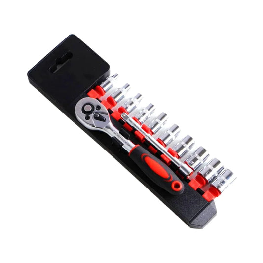 12pcs 1/4 Inch Metric Socket Set Quick Release Reversible Ratchet Wrench Extension Bar with Bit Hand Tool Case Included