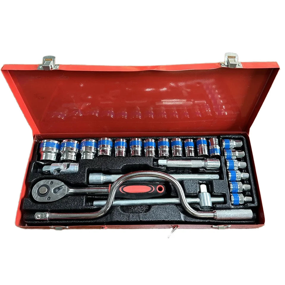 24-Piece Professional Chrome Vanadium Steel Socket Wrench Set Metric Sizes Ratchet Spanner Combination Auto Car Repair Tool Box
