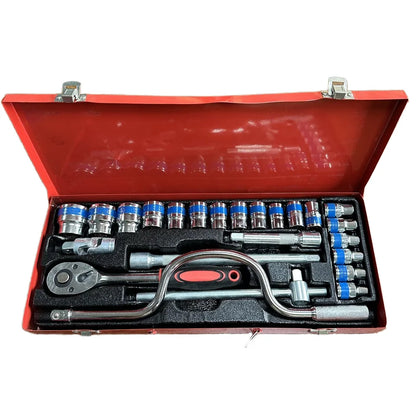 24-Piece Professional Chrome Vanadium Steel Socket Wrench Set Metric Sizes Ratchet Spanner Combination Auto Car Repair Tool Box