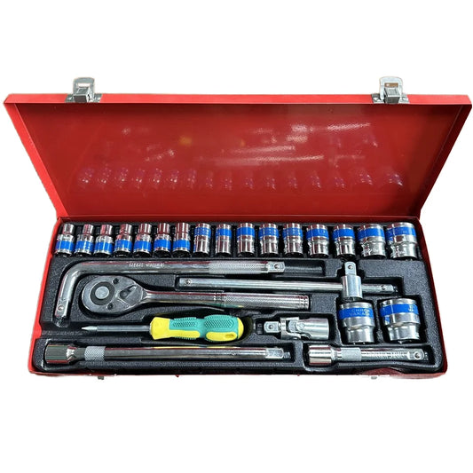 24pcs CR-V Quick-Release Ratchet Wrench Socket Set Uncharged Manual Mechanism Metal Sliding Bar Auto Repair Hand Tool Kit OEM