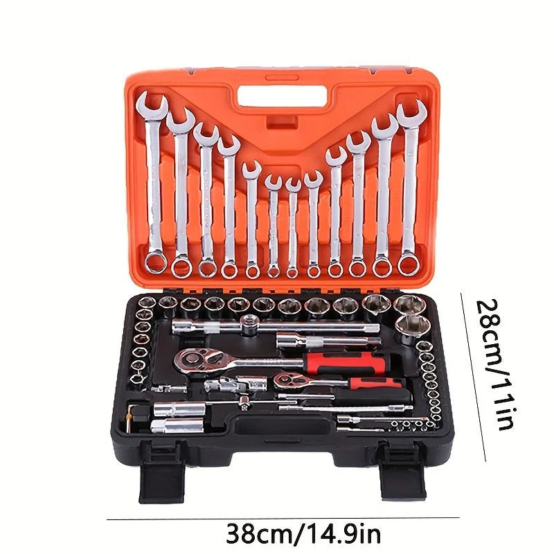 61pcs Chrome Vanadium Steel Manual Tool Kit Metric Ratchet Socket Wrench Automotive Mechanical Repairs Durable Tool Set