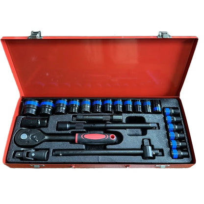 24pcs CR-V Red Iron Carbon Steel Hand Mechanic Box Ratchet Wrench Socket Set Hard Case Car Repair Garden OEM Combination