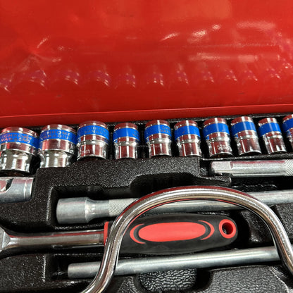 24-Piece Professional Chrome Vanadium Steel Socket Wrench Set Metric Sizes Ratchet Spanner Combination Auto Car Repair Tool Box