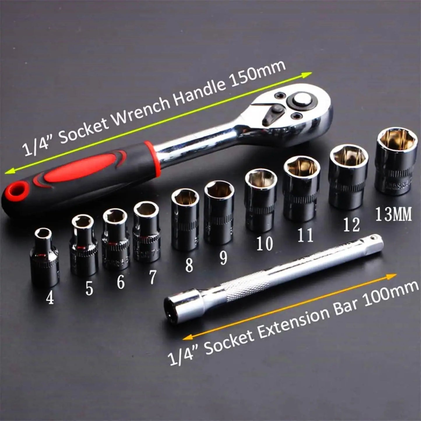 12pcs 1/4 Inch Metric Socket Set Quick Release Reversible Ratchet Wrench Extension Bar with Bit Hand Tool Case Included