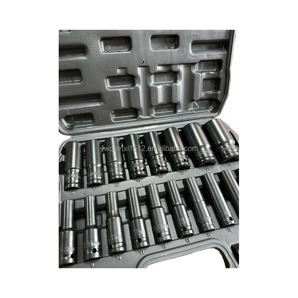 20 Pcs Drive OEM Cr-V Steel Metric Deep Impact Socket Set Lengthened Pneumatic Hexagonal Sleeve Combination for Repair Use