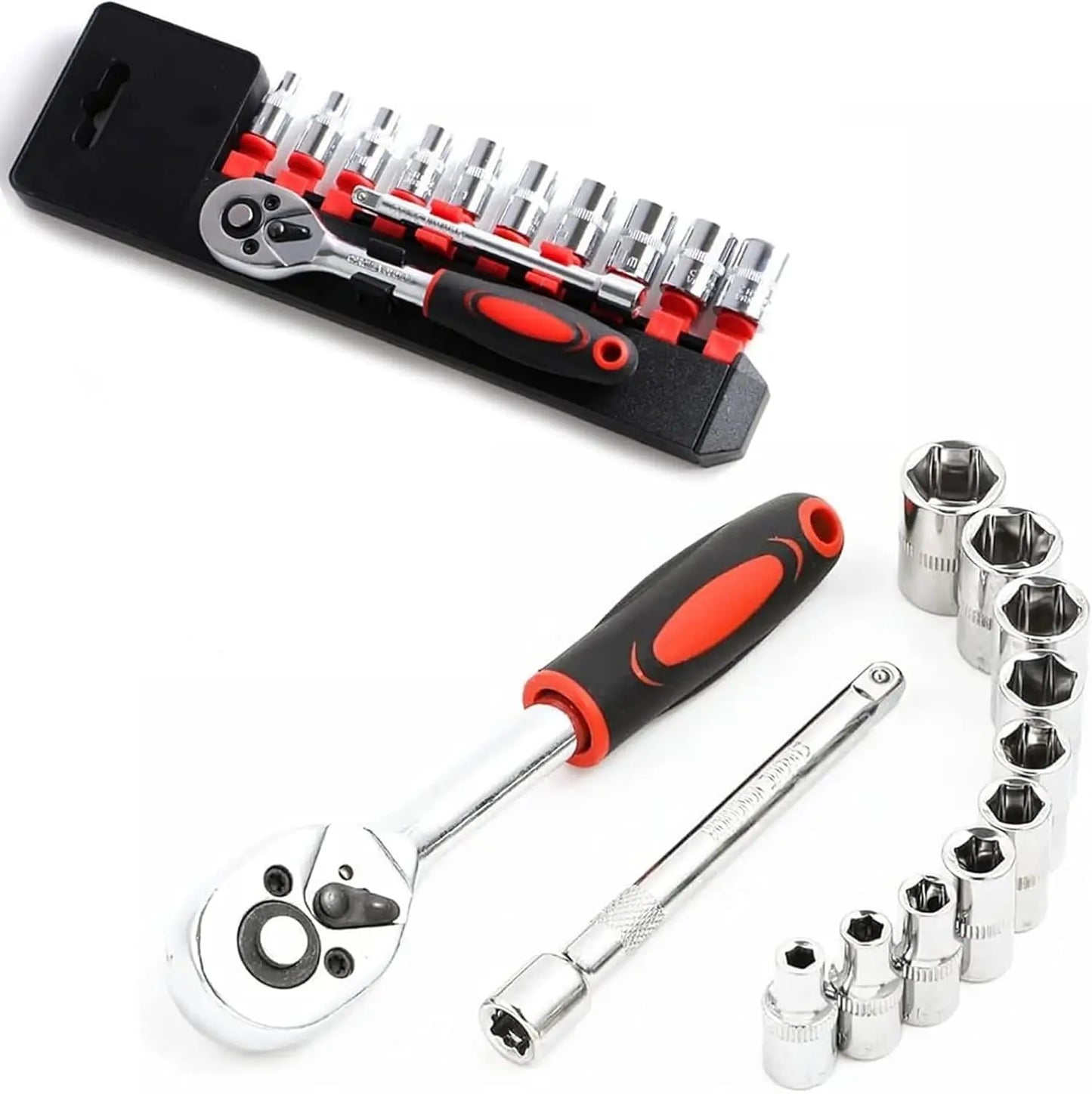 12pcs 1/4 Inch Metric Socket Set Quick Release Reversible Ratchet Wrench Extension Bar with Bit Hand Tool Case Included