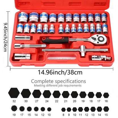 32pcs CR-V Mechanic's Tool Set 1/2 Drive Deep Standard Sockets Ratchet Wrench Kit Hex Keys Storage Case Customizable OEM Boxed