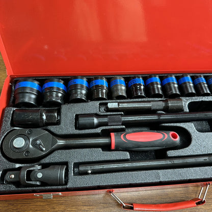 24pcs CR-V Red Iron Carbon Steel Hand Mechanic Box Ratchet Wrench Socket Set Hard Case Car Repair Garden OEM Combination