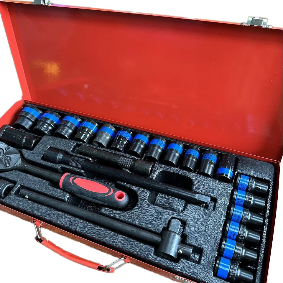 24pcs CR-V Red Iron Carbon Steel Hand Mechanic Box Ratchet Wrench Socket Set Hard Case Car Repair Garden OEM Combination
