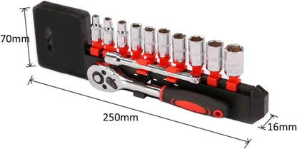 12pcs 1/4 Inch Metric Socket Set Quick Release Reversible Ratchet Wrench Extension Bar with Bit Hand Tool Case Included