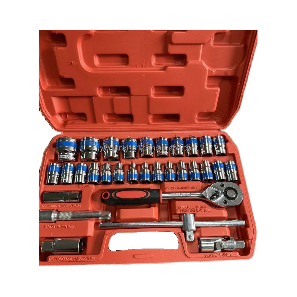 32pcs CR-V Mechanic's Tool Set 1/2 Drive Deep Standard Sockets Ratchet Wrench Kit Hex Keys Storage Case Customizable OEM Boxed