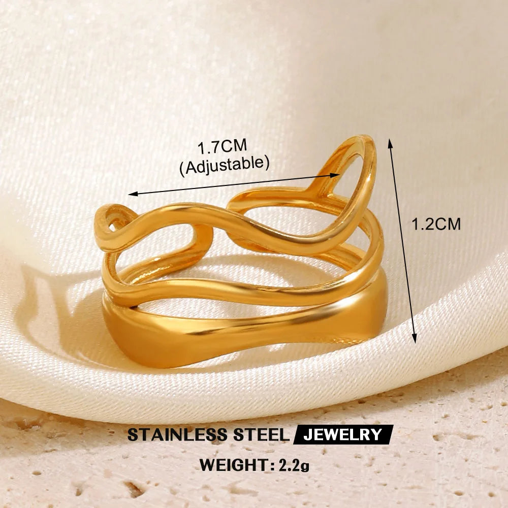 Custom Tarnish Free Fashion Jewelry Rings PVD Gold Plated Artistic Twine Band Stainless Steel Statement Rings for Women