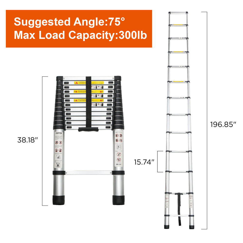 Telescoping Ladder 16.5FT, Telescopic Extension Ladder, Aluminum Alloy Folding Ladder Portable Multi-Purpose for Indoor Outdoor Work, Heavy Duty 300 lbs Load