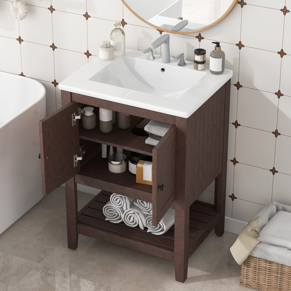 24" Bathroom Vanity Base Only, Soild Wood Frame, Bathroom Storage Cabinet with Doors and Open Shelf, Grey