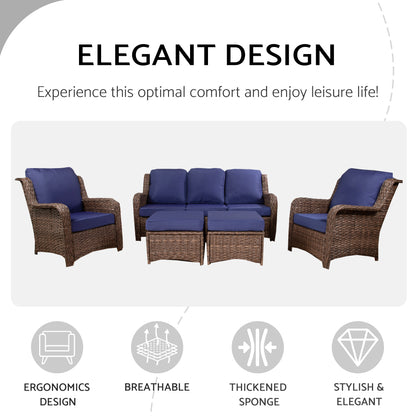 Patio Furniture Set Rattan Outdoor Sectional Conversation Sets 3-Seat Outdoor Couch,2 Single Chair and 2 Ottoman for Lawn, Balcony, Garden, Backyard (Gray-Navy, Set of 5)