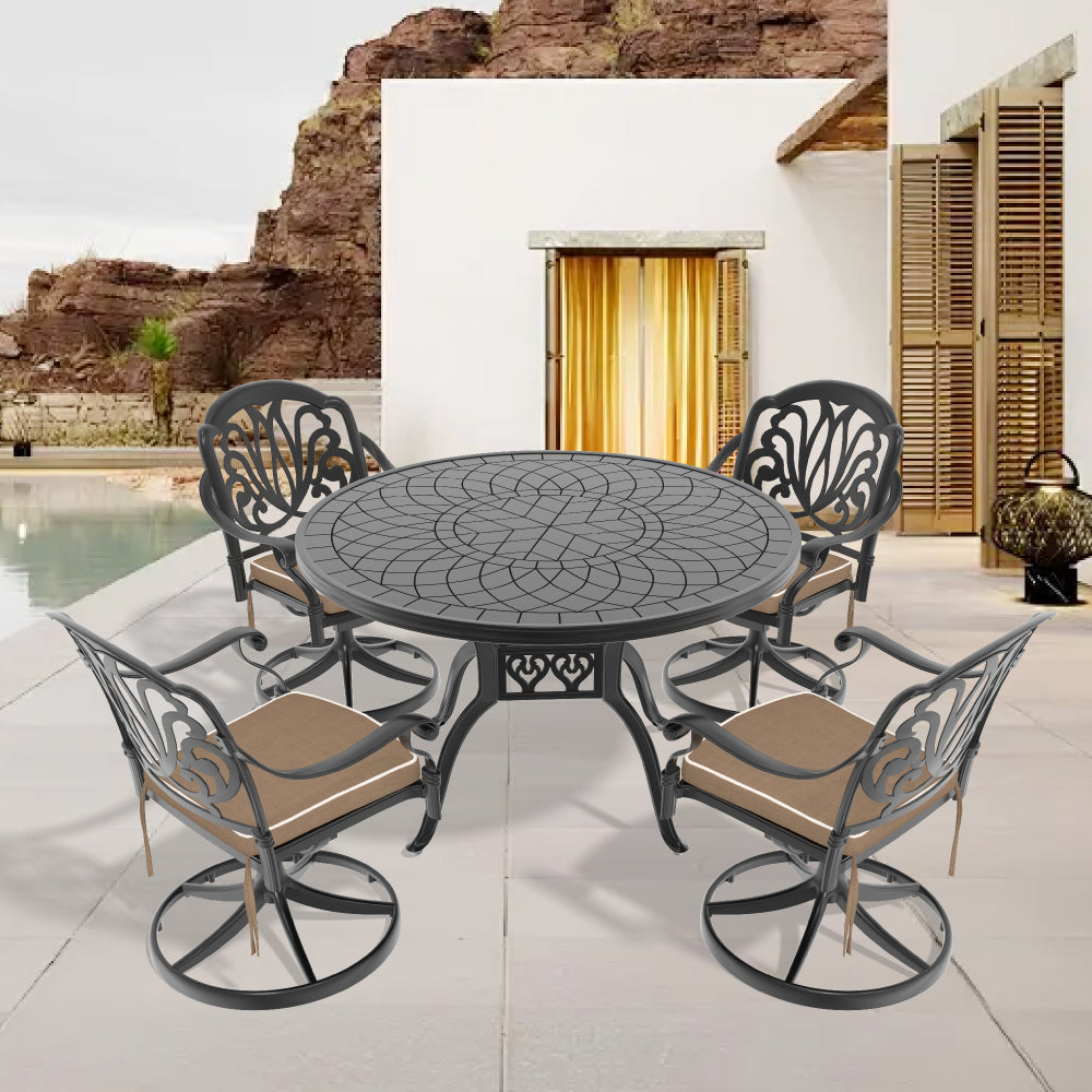 Ø47.24-inch Cast Aluminum Patio Dining Table With Black Frame and Carved Texture on the Tabletop