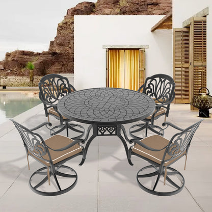 Ø47.24-inch Cast Aluminum Patio Dining Table With Black Frame and Carved Texture on the Tabletop