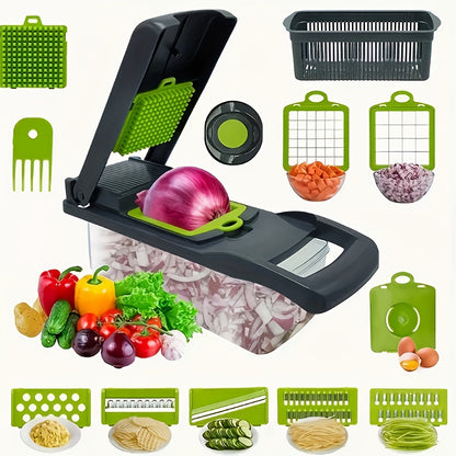 14/16 pieces/set, multi-function vegetable slicer, multi-purpose chopper, fruit and vegetable slicer, kitchen shredder, kitchen supplies, onion shredder, manual vegetable slicer with container and lid, potato shredder, kitchen supplies