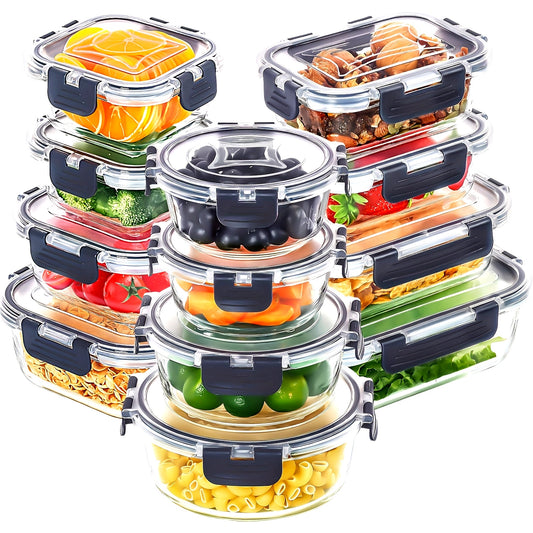 12-Piece glass food storage containers with lid, meal preparation, pantry kitchen lunch storage containers, leak-proof, sealed glass lunch bento boxes for microwave ovens, ovens, refrigerators, and dishwashers