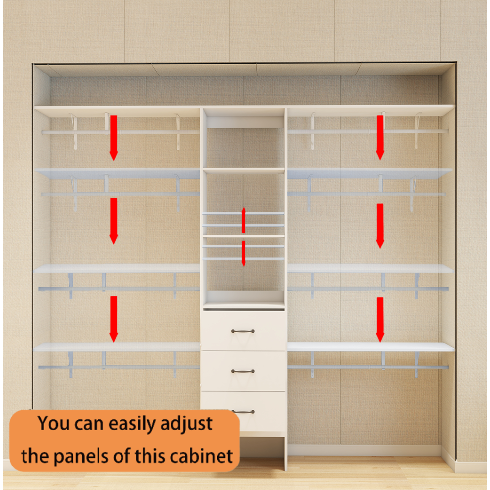 96 Inches Closet System, 8FT Walk In Closet Organizer with 3 Adjustable Shelves & 3 Expandable Hanger Rods & 3 Drawers, Built-In Garment Rack, 96"L x 16"W x 82"H, Load 1000 LBS-White