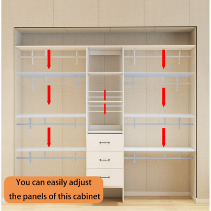 96 Inches Closet System, 8FT Walk In Closet Organizer with 3 Adjustable Shelves & 3 Expandable Hanger Rods & 3 Drawers, Built-In Garment Rack, 96"L x 16"W x 82"H, Load 1000 LBS-White