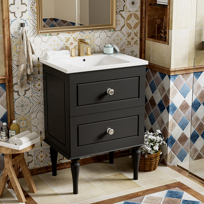 24'' Bathroom Vanity Cabinet with Ceramic Sink Combo Set, Solid Wood Frame Modern Bathroom Storage Cabinet with 2 Drawers, Black