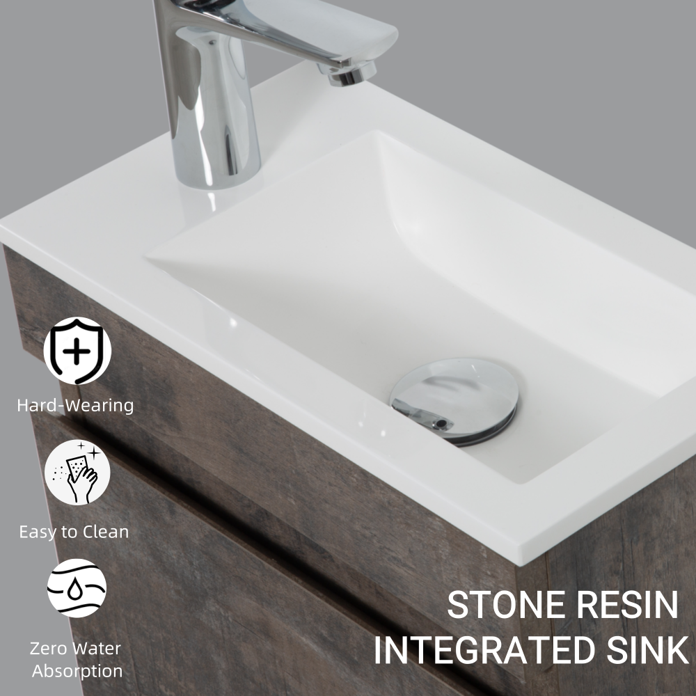 16" Floating Bathroom Vanity with Sink, Wall-Mounted Small Bathroom Storage Vanity Cabinet with Resin Top Basin and Soft Close Doors, Dark Birch 24V11-16DB