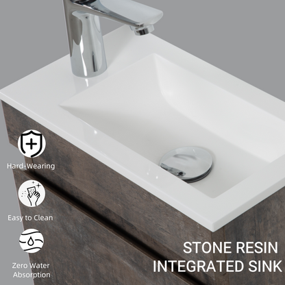 16" Floating Bathroom Vanity with Sink, Wall-Mounted Small Bathroom Storage Vanity Cabinet with Resin Top Basin and Soft Close Doors, Dark Birch 24V11-16DB