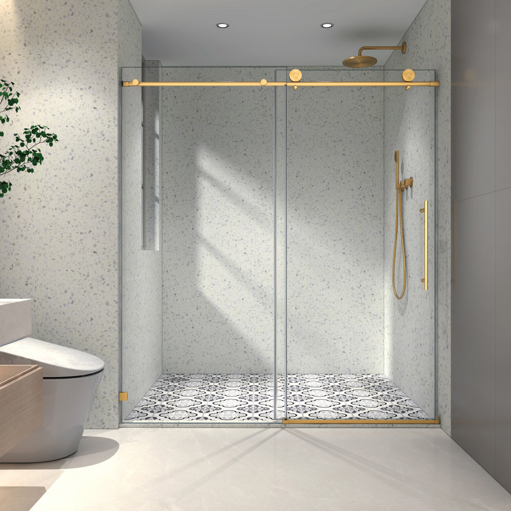 6063 Chrome frameless one fixed and one shifted Shower Door, 70MM 304 stainless steel large pulleys with adjustable soft closing function,with nano easy cleaning and stick explosion-proof menbrance
