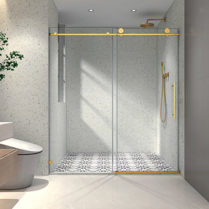 6063 Chrome frameless one fixed and one shifted Shower Door, 70MM 304 stainless steel large pulleys with adjustable soft closing function,with nano easy cleaning and stick explosion-proof menbrance
