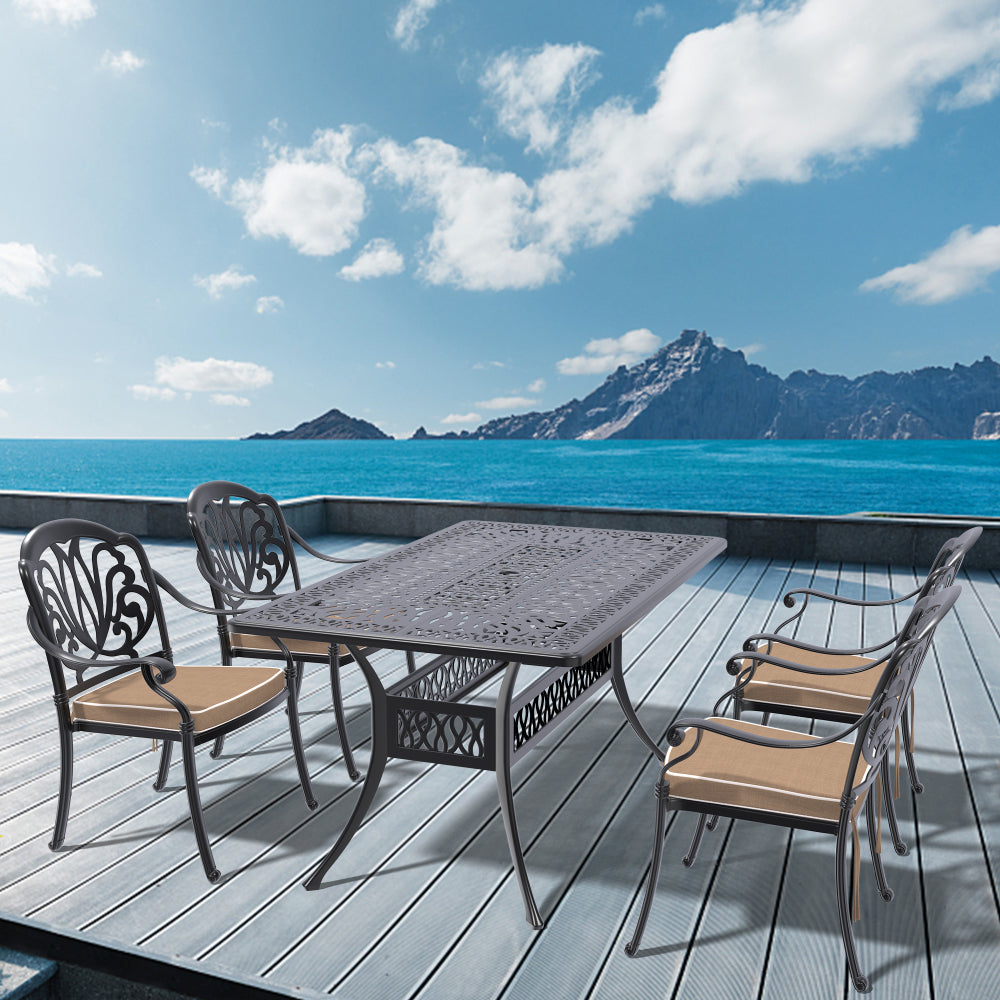 L58.27*W34.65-inch Cast Aluminum Patio Dining Table With Black Frame and Umbrella Hole