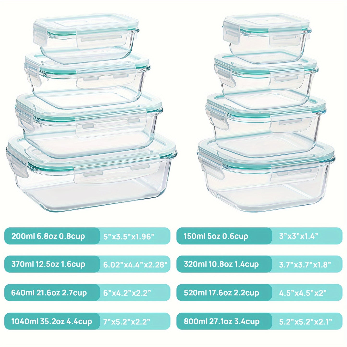 8-Piece glass food storage container, meal preparation, sealed bento box with leak-proof lock lid, suitable for microwave ovens, lunch boxes, ovens, refrigerators and dishwashers, free of BPA