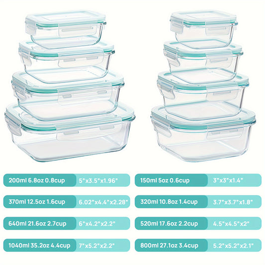 8-Piece glass food storage container, meal preparation, sealed bento box with leak-proof lock lid, suitable for microwave ovens, lunch boxes, ovens, refrigerators and dishwashers, free of BPA