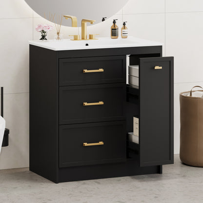 Classic 30" Black Bathroom Vanity Set, Floor Standing, with Three Drawers, One of Which is a Double-Layer Drawer, with Long Gold Handles - Perfect for Small Bathrooms