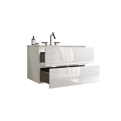 TIA 30" Wall Mount Glossy White Bathroom Vanity with Ceramic Sink with Three Faucet Holes, Large Storage Floating Bathroom Vanity for Modern Bathroom, Pre-assembled