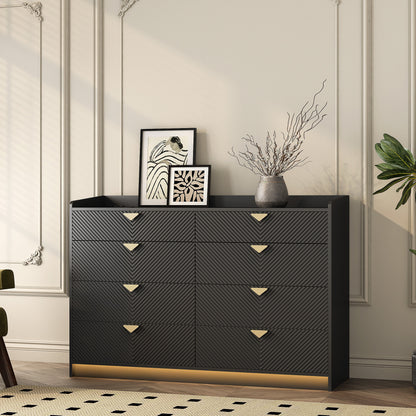 8 Drawer Double Dresser for Bedroom with LED, Modern Dressers Chest of Drawers with Fluted Panel, Wide Wood Storage Dresser Organizer, Dresser  for Bedroom, Living Room,Black